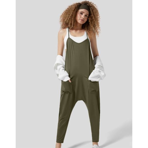 Halara Backless Multiple Pockets Ankle Length Work Tapered Jumpsuit Winter Moss - Picture 4 of 6